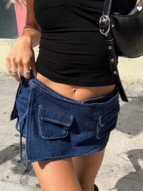 Never Worn Denim Mini Skort with Front Utility Pockets - Dark Blue